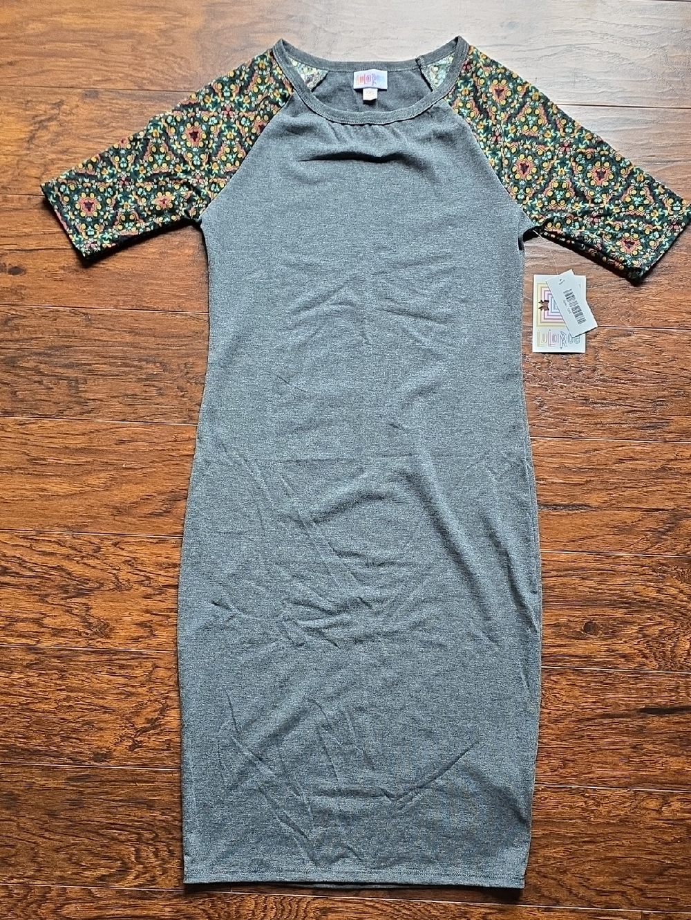 LuLaRoe Gray JULIA Midi Dress with Floral Raglan Sleeves XXS